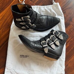 TOGA Pulla Black Embossed Boots with Silver Buckles